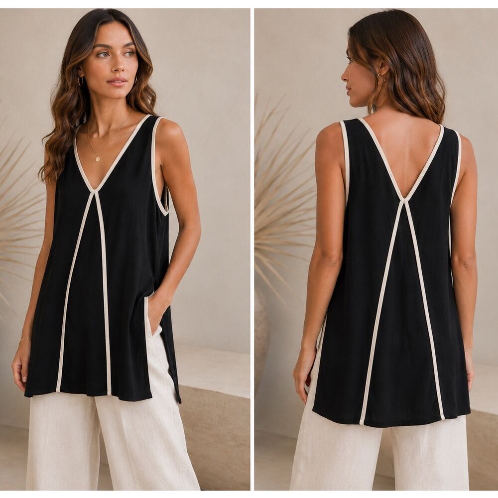 Sancia Black Linen Blend Contrast Trim Tunic Top NWT Medium